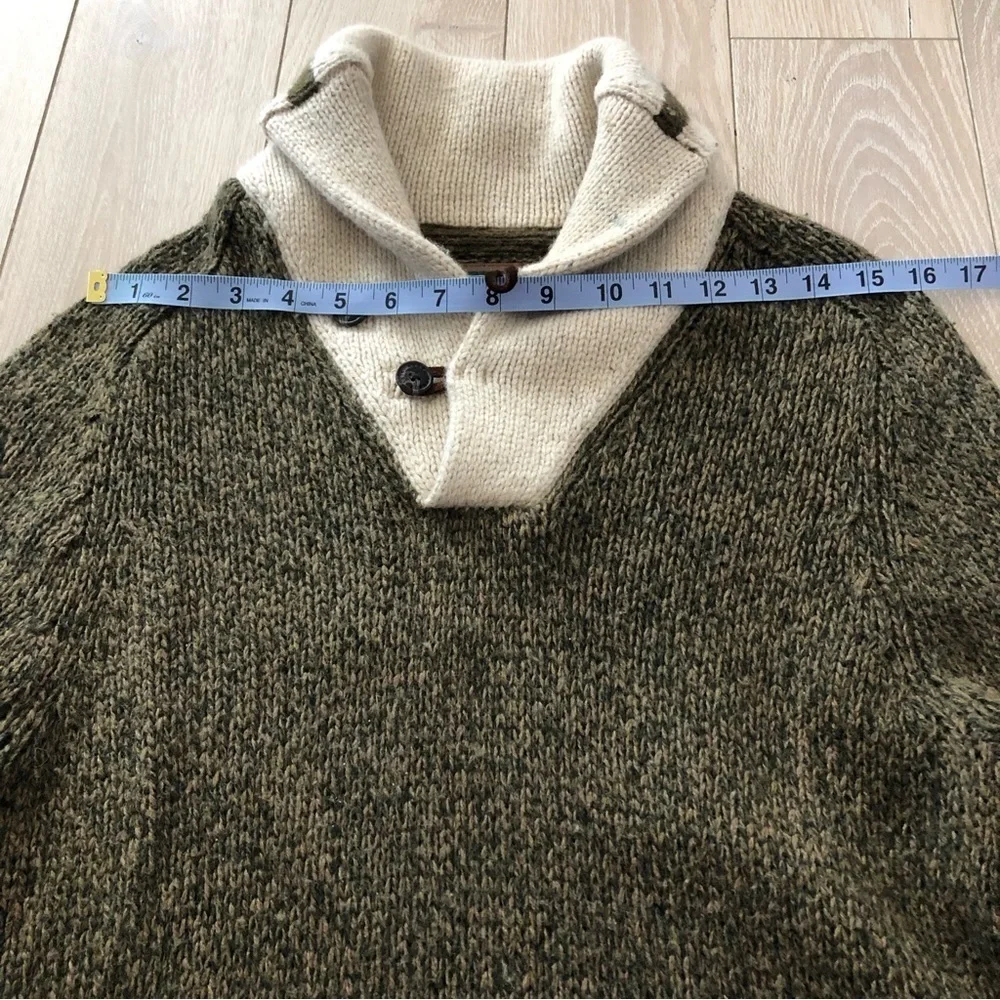 Roots Cabin Wool Blend Shawl Neck Elbow Patch Marled Sweater in Green Size S - Picture 2 of 12